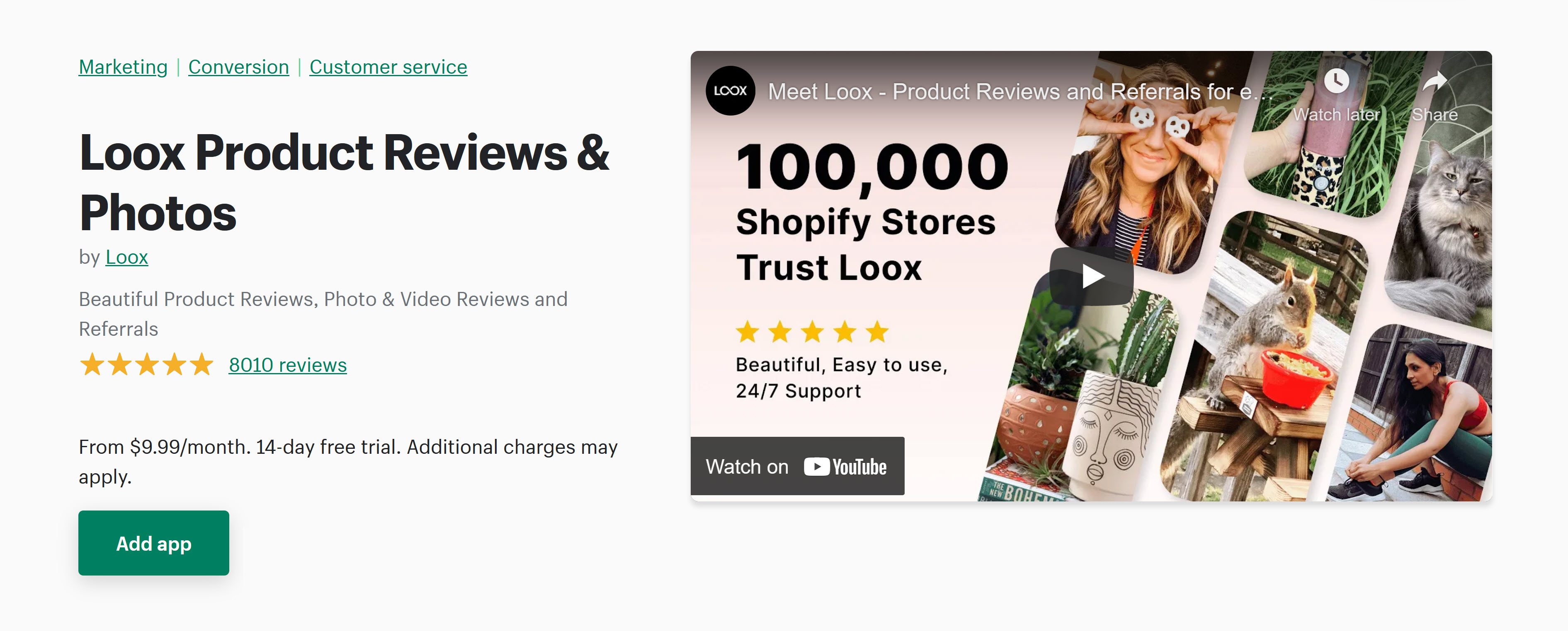 Loox Product Reviews & Photos shopify app store listing