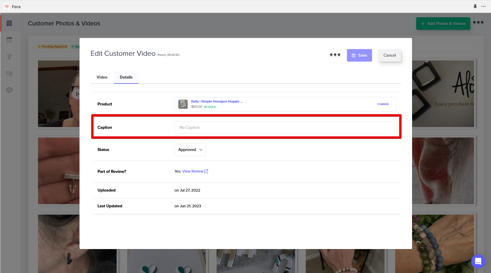 add caption to video review